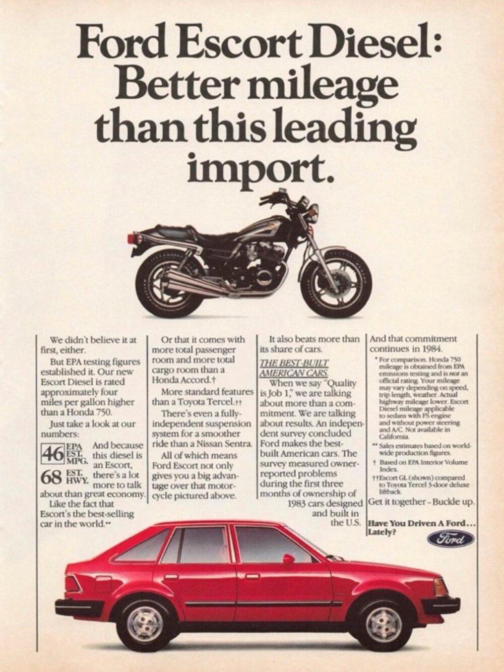 1983 Ford Escort Diesel Vintage Print Ad Red Car Better Mileage American Auto